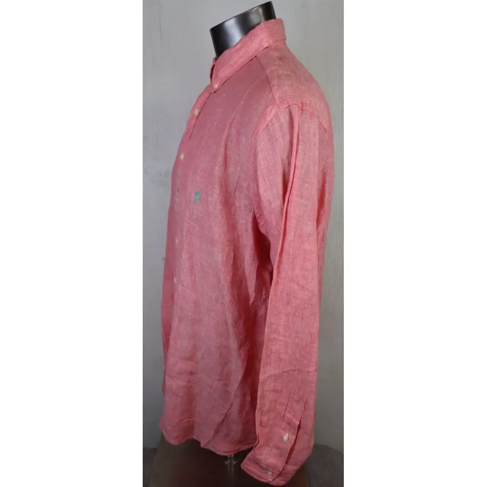 Polo Ralph Lauren Classic Button Front Dress Shirt Size XLT Linen New Pink Green